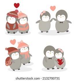 Valentine’s Day vector illustration. four cute Penguin couple on white background with many hearts for graphic designer create artwork, card, brochure for various invitations or greetings