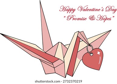 Ilustración vectorial del día de San Valentín de una grúa de papel de origami con el encanto del corazón colgante. Símbolo de amor, promesa, esperanza, paz y deseos románticos en un elegante estilo minimalista.