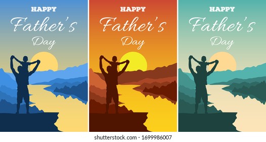 Father’s Day vector illustration. Silhouettes of dad and children against a backdrop of an adventure landscape with mountains, rive and sky. Happy family men and boy outdoors. Traveling with children.