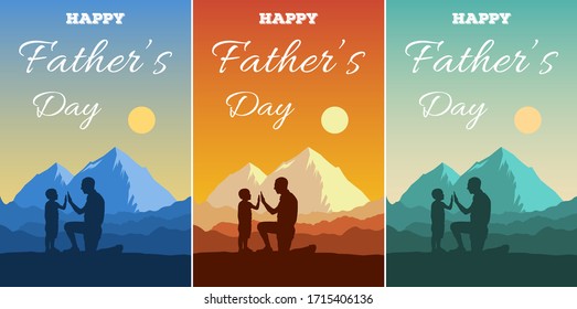 Ilustración vectorial del Día del Padre. Las siluetas de papá y los niños dan cinco en un paisaje de aventura con montañas, sol y cielo. Felices familiares hombres y niños afuera. Viajar con niños