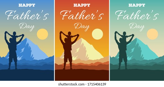 Father’s Day vector illustration. Silhouettes of dad and children against a backdrop of an adventure landscape with mountains, sun and sky. Happy family men and boy outdoors. Traveling with children.