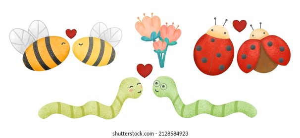 Ilustración vectorial del Día de San Valentín. Tres lindos insectos de pareja sobre fondo blanco con muchos corazones para diseñador gráfico crear arte, tarjeta, folleto para varias invitaciones o saludos 