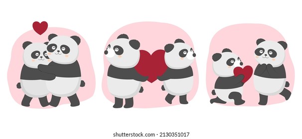 Valentine’s Day vector illustration. Three cute Panda couple on pink background with many hearts for graphic designer create artwork, card, brochure for various invitations or greetings 
