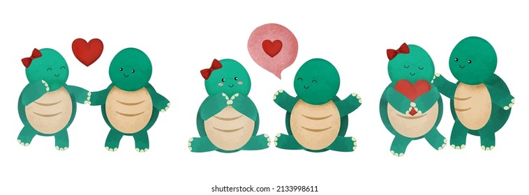Valentine’s Day vector illustration. Three cute couple turtles on white background with many hearts for graphic designer create artwork, card, brochure for various invitations or greetings 