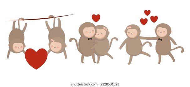 Valentine’s Day vector illustration. Two cute couple monkeys on white background with many hearts for graphic designer create artwork, card, brochure for various invitations or greetings 