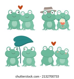 Valentine’s Day vector illustration. Two cute couple frogs on white background with many hearts for graphic designer create artwork, card, brochure for various invitations or greetings 