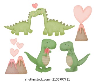 Valentine’s Day vector illustration. Two cute couple Dinosors on white background with many hearts for graphic designer create artwork, card, brochure for various invitations or greetings 