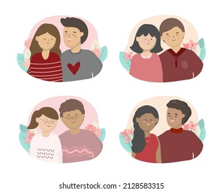 Valentine’s Day vector illustration. Various ethnic lovers  in a cut background decorated with many flower for graphic designer create artwork, card, brochure for various invitations or greetings 