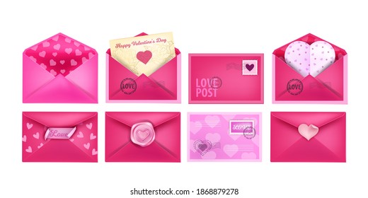 Valentine’s Day vector love letter envelopes realistic set with heart-shaped postcards, sealing wax. Holiday romantic opened and closed mail collection in pink. Isolated Valentine’s Day envelopes 