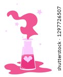 Valentine’s Day vector love potion postcard. Romantic pink isolated design element. Vector cute witchy magical stuff clipart. Vintage, retro sticker, patch illustration. February 14 dating drawing
