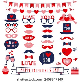 Valentine’s Day vector party props (hats, lips, mustaches)