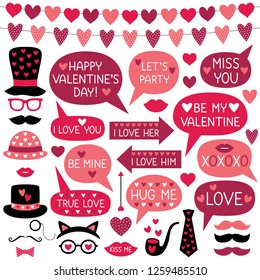 Valentine’s Day Vector Photo Booth Props (hats, Lips, Mustaches)and Speech Bubbles 