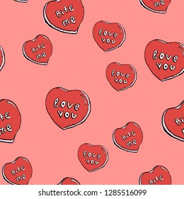 Valentine’s day vector seamless pattern with hand drawn hearts cookies . Ink sketch of sweet bakery glazed elements. 
