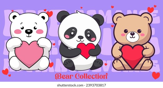 Valentine’s Day Vector Set Collection: Cute Bears - Teddy Bear, Panda, Polar Bear. Compositions with Bears, Hearts in Flat Style
