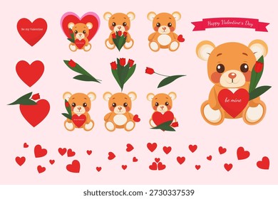 Vetor do Dia dos Namorados definido com ursinhos de pelúcia bonitos, tulipas, corações e texto Feliz Dia dos Namorados. Conjunto de ilustração vetorial de alta qualidade com ursinhos adoráveis de pelúcia com tulipas de primavera e corações românticos. Inclui a saudação de "Happy Valentine". Perfeito para cartões comemorativos de feriado, embalagem de presente, adesivos, cartazes e design de mídia social. EPS totalmente editável