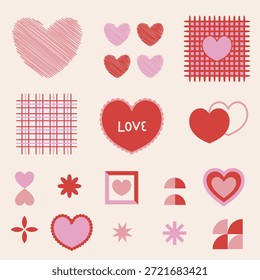 Vector de San Valentín con corazones dibujados a mano y Elementos geométricos en tonos rojos y rosados. Diseño romántico y moderno sobre un fondo beige suave.