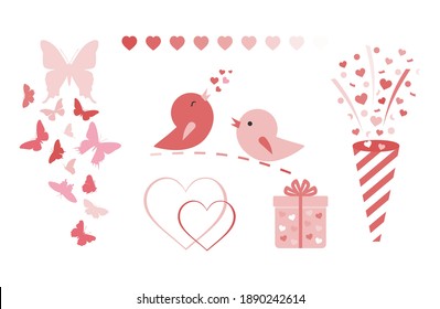 Valentine’s day vector. Two cute birds, butterfly, party popper, gift. Set of elements for your valentines.