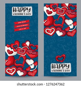 Valentine’s day vertical banner set. Cute poster for invitation, advertisement, web page. Hand drawn doodle cartoon style love and hearts design concept. Vector illustration.