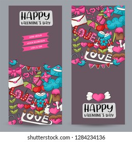 Valentine’s day vertical banner set. Cute poster for invitation, advertisement, web page. Doodle cartoon style love and hearts design concept. Vector illustration.