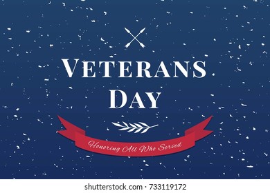 day veteran usa banner, vector illustration flat, text, texture scrapes, crossed arrows, olive branch, ribbon, red, blue, white, concept