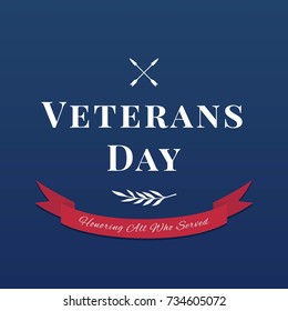 day veteran usa banner, vector illustration flat, text, texture scrapes, crossed arrows, olive branch, ribbon, red, blue, white, concept