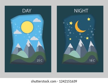 Day view and night view sun and moon mountain landscape concept for weather app. vector illustration.