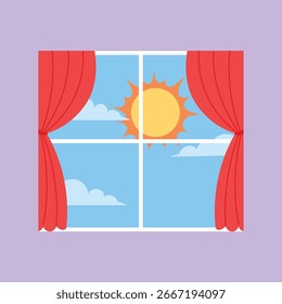 Day View Through Window with Open Curtain, Bedroom Window with Red Curtain, Bright Sky with Sun and Cloud, Daylight Outdoor Scene with Modern Window illustration