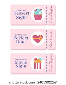 Valentine’s day voucher collection. Love coupons for movie, date, dessert night. Personalized messages with love elements. Heart candy, popcorns, cupcake. Vector illustration.