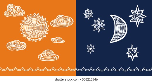 Day Vs. Night Sun Moon Clouds Stars Hand Drawn