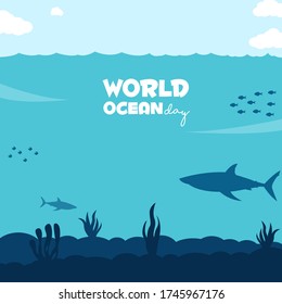 Day of Water and World Oceans Day. Global celebrate dedicated to protect and conserve oceans, problem of plastic water pollution, ecosystem, ecology of planet.