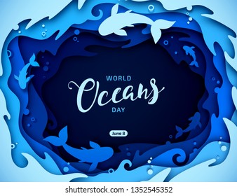 Day of Water and World Oceans Day, paper art. Global celebrate dedicated to protect and conserve oceans, problem of plastic water pollution, ecosystem, ecology of planet. Origami of sea waves, fishes