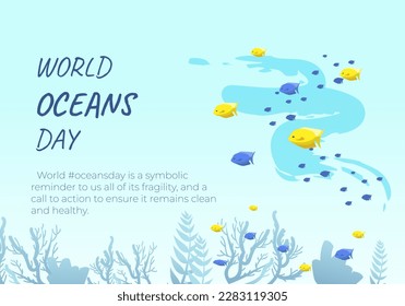 Day of Water and World Oceans Day, vector art. Global celebrate dedicated to protect and conserve oceans, problem of plastic water pollution, ecosystem, ecology of planet.