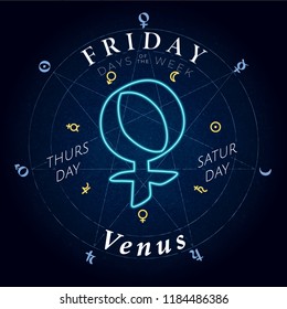 Day of the Week Friday Sign with Logo and Venus Lettering within Heptagram in Circle of Symbols - Blue and Yellow Elements on Dark Rough Paper Background - Vector Glowing Neon Design