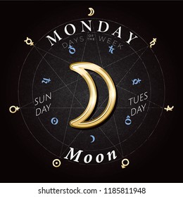 Day of the Week Monday Sign with Logo and Moon Lettering within Heptagram in Circle of Symbols - Golden and White Elements on Black Rough Paper Background - Vector Gradient Graphic Design
