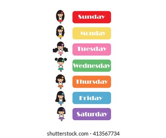 day of the week on white background.cute cartoon.