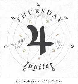 Day of the Week Thursday Sign with Logo and Jupiter Lettering within Heptagram in Circle of Symbols - Black and Beige Elements on White Rough Paper Background - Vector Vintage Graphic Design