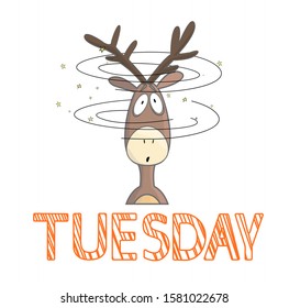 Day of the week - Tuesday. the deer around the head, a lot of things. Flat design isolated on white.Vector picture.