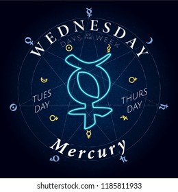 Day of the Week Wednesday Sign with Logo and Mercury Lettering within Heptagram in Circle of Symbols - Blue and Yellow Elements on Dark Rough Paper Background - Vector Glowing Neon Design