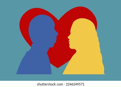 Día de San Valentín, cuando puedes sentir que el amor está en el aire. Una pareja caucásica con el corazón rojo sonriendo y posando sobre un fondo azul abstracto de la pared feliz.