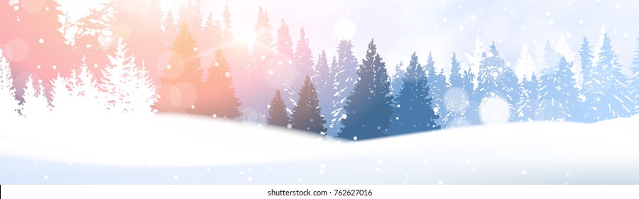 Day In Winter Forest Glowing Snow Under Sunshine Woodland Landscape White Snowy Pine Tree Woods Background Flat Vector Illustration