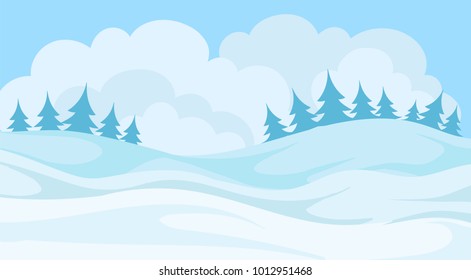 Day in winter forest, snowy landscape background with trees and hills vector Illustration