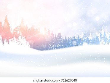 Day In Winter Forest Woodland Landscape White Snowy Pine Tree Woods Background Flat Vector Illustration