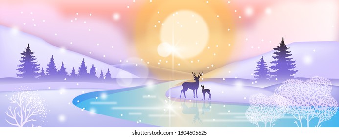 Day winter landscape with deer silhouette, northern sun, frozen river, pine trees forest. Magic holiday background with snow, white bushes, foggy sky. Christmas winter vector landscape in flat style