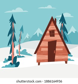 Day winter landscape, the house in mountains with trees and snow. Christmas holidays vacation. Vector illustration.