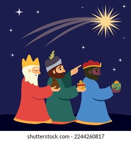 day of the wise men, Biblical kings Caspar, Melchior, Balthazar. Hand lettered comet. Flat design, vector illustration background.