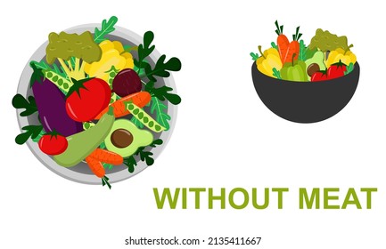 Día Sin Carne. 20 de marzo. Concepto vegetariano. Ilustración con verduras en un plato. Productos orgánicos. Vayan a la vegana y sigan el estilo de vida vegetariano. Afiche con texto aislado en fondo blanco.