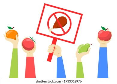 Day without meat vector isolated. Say no to meat placard, hands holding fruits and vegetables. Go vegan and follow vegetarian lifestyle to be healthy and strong.