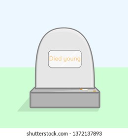 A day without tobacco. Vector illustration of a grave and two cigarettes on a sunny day. Against smoking