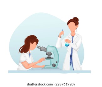 day of women and girls in science. set of female chemists conducts experiments. Analysis research. Vector illustration.