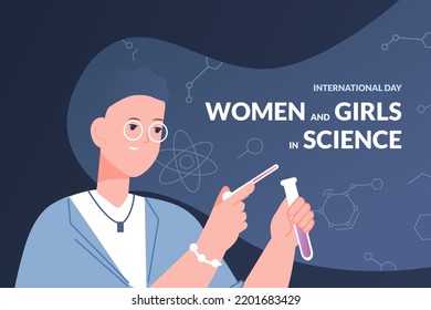 Día de la mujer científica. Niña de celebración internacional en ciencia, joven mujer éxito de laboratorio carrera biología física química farmacia investigación talentos ilustración vectorial de cabeza. Investigación por médico